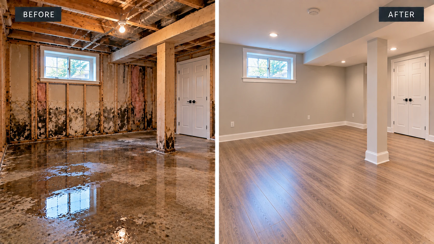 Basement flood reconstruction in Laval before and after