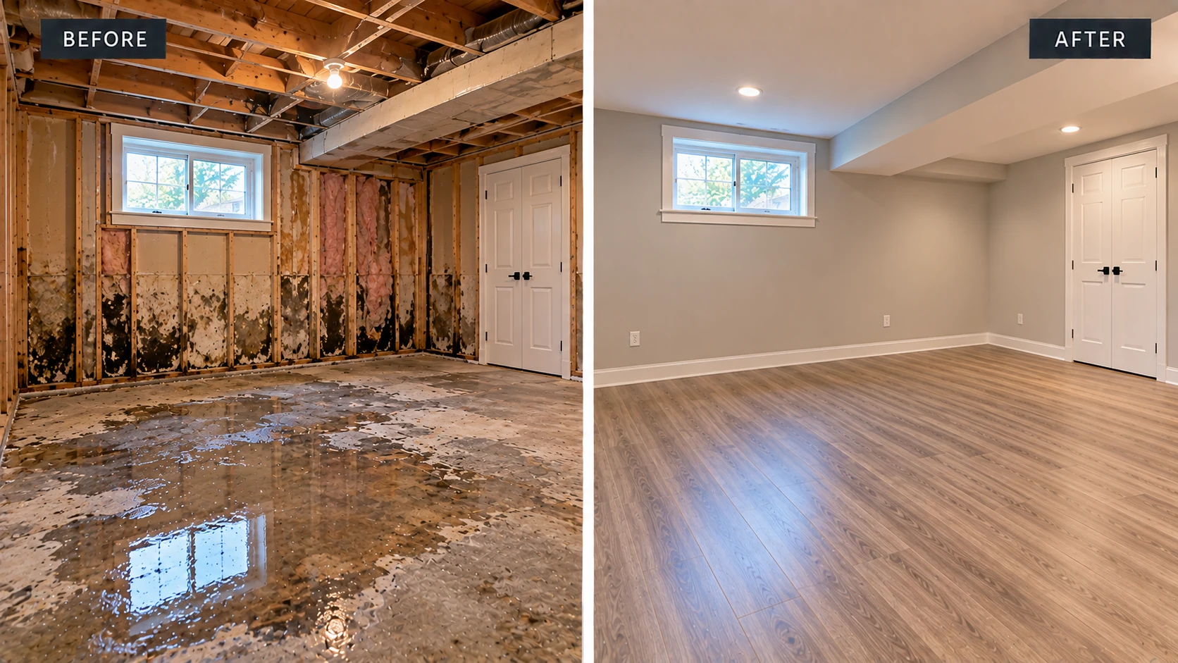 Post-water-damage reconstruction in Laval before and after