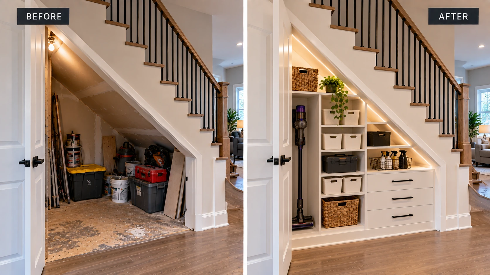 Smart-space renovation in Laval with under-stair storage before and after