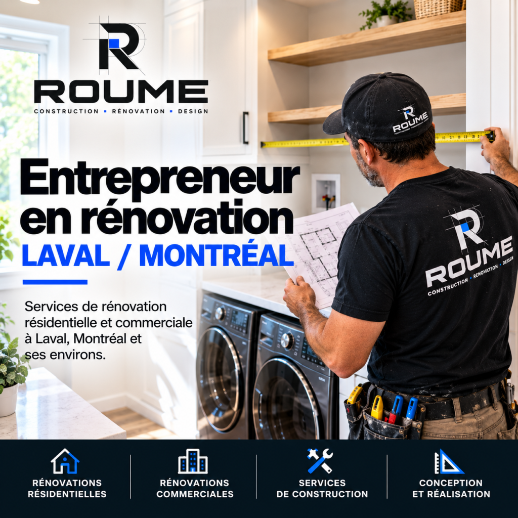 Photo : entrepreneur qui mesure une buanderie avec ruban et plans.